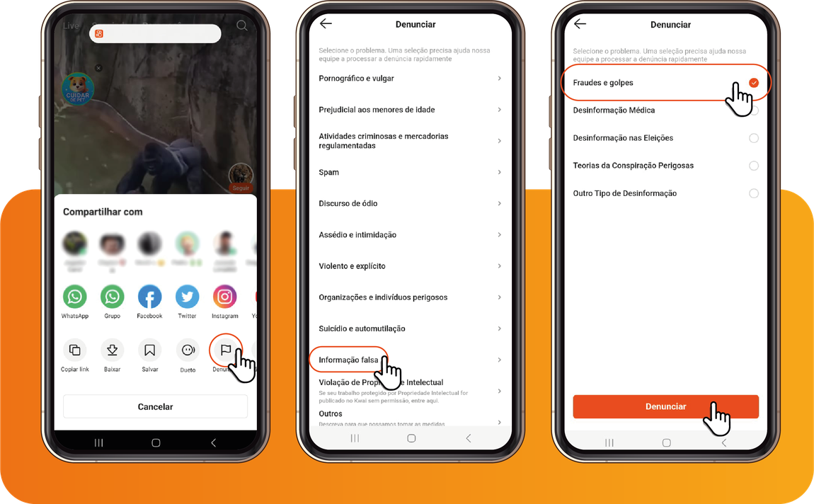 Saúde com Ciência - Clique em Denunciar, depois Informação falsa e depois fraudes e golpes