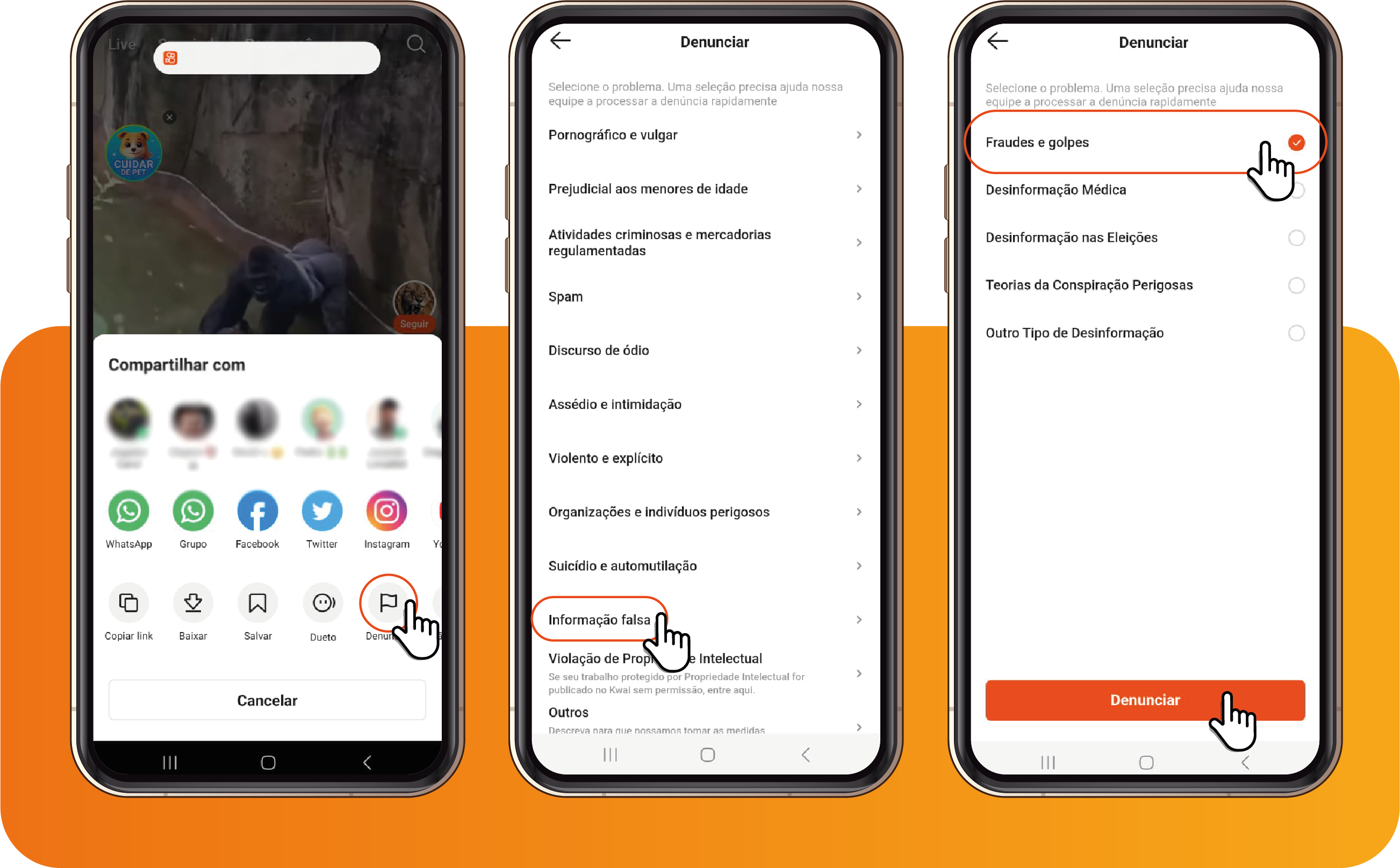 Saúde com Ciência - Clique em Denunciar, depois Informação falsa e depois fraudes e golpes