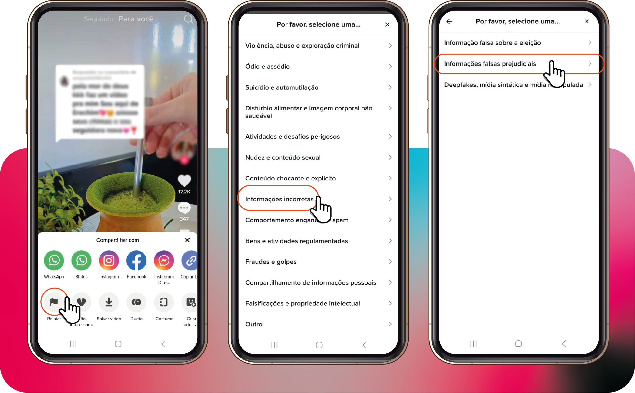 Saúde com Ciência - Clique em relatar, depois Informarções incorretas e depois informações falsas prejudiciais