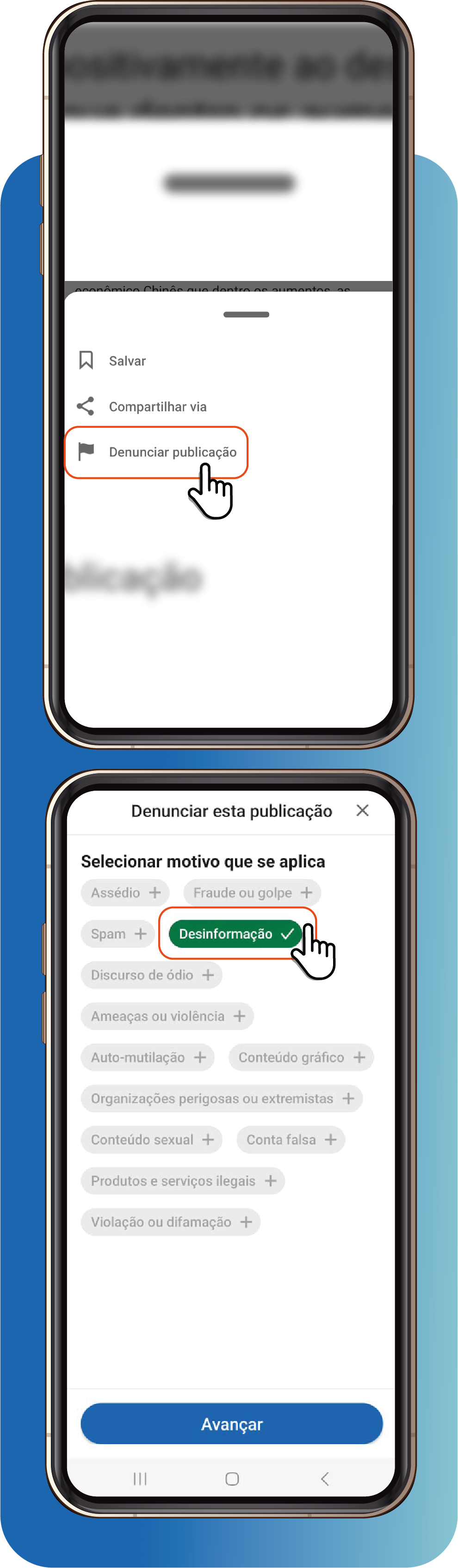 Saúde com Ciência - Clique em Denunciar publicação e depois escolha desinformação