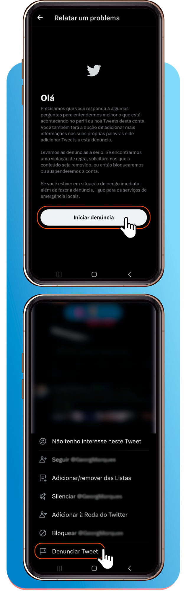 Saúde com Ciência - Clique em Iniciar Denúncia e depois em Denunciar Tweet
