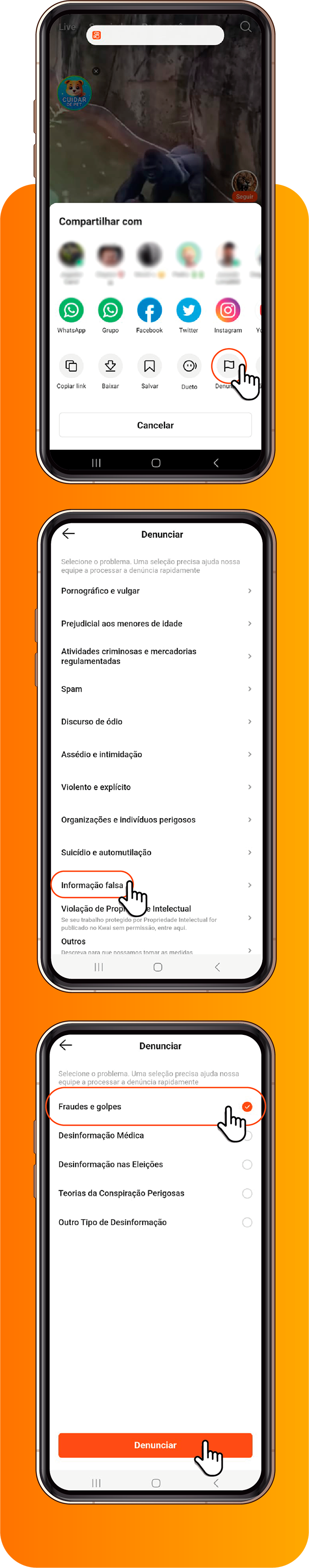Saúde com Ciência - Clique em Denunciar, depois Informação falsa e depois fraudes e golpes