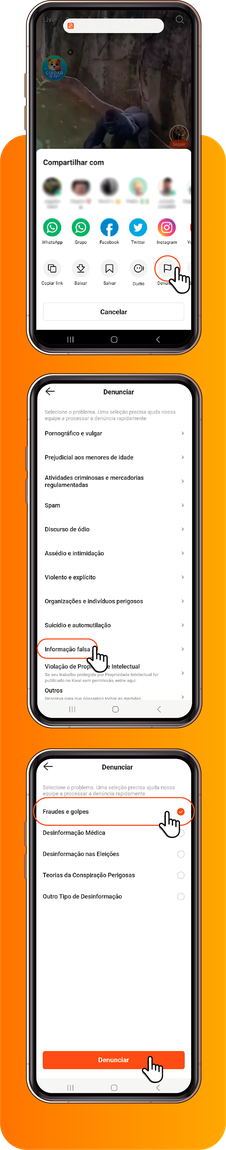 Saúde com Ciência - Clique em Denunciar, depois Informação falsa e depois fraudes e golpes