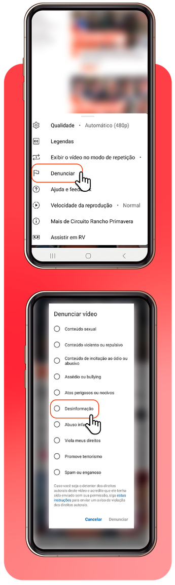 Saúde com Ciência - Clique em Denunciar e depois Desinformação