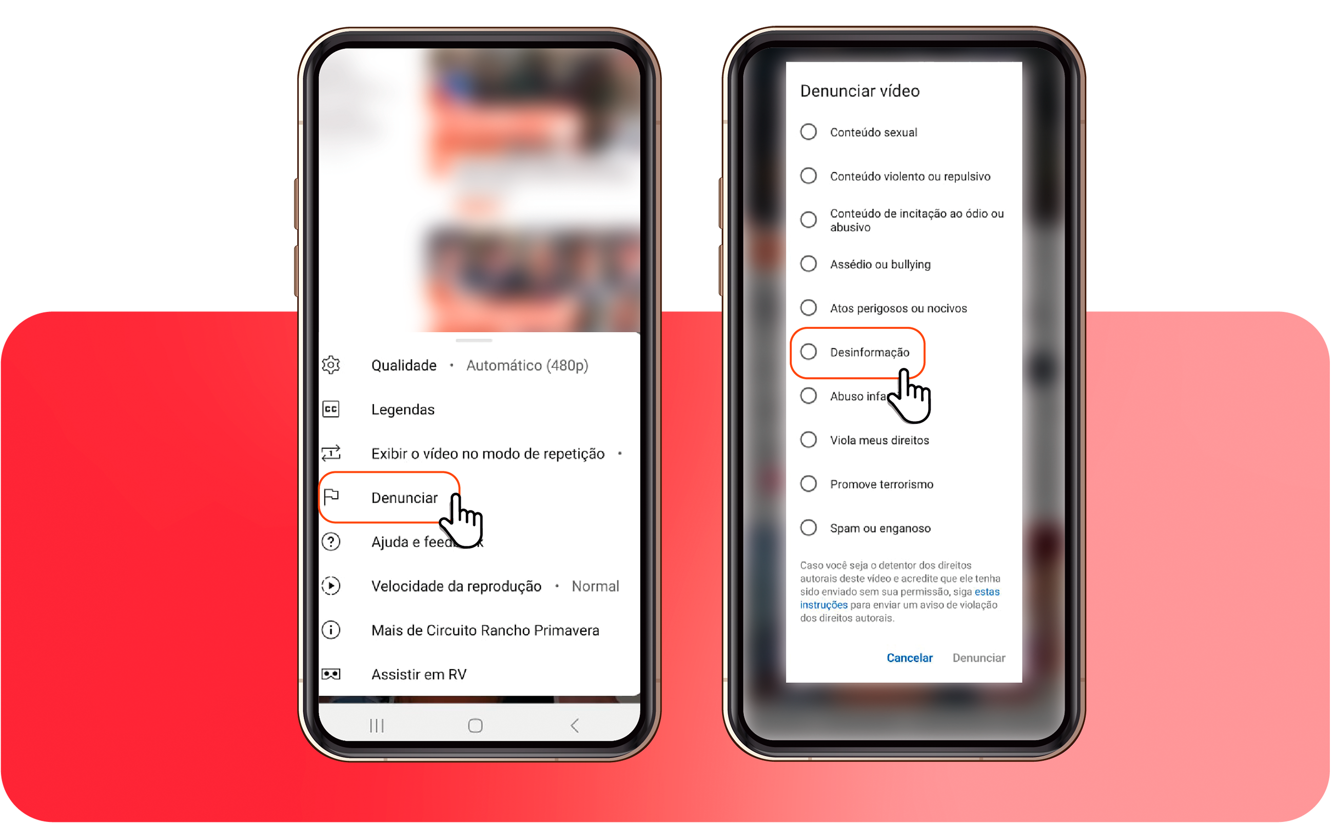 Clique em Denunciar e depois Desinformação