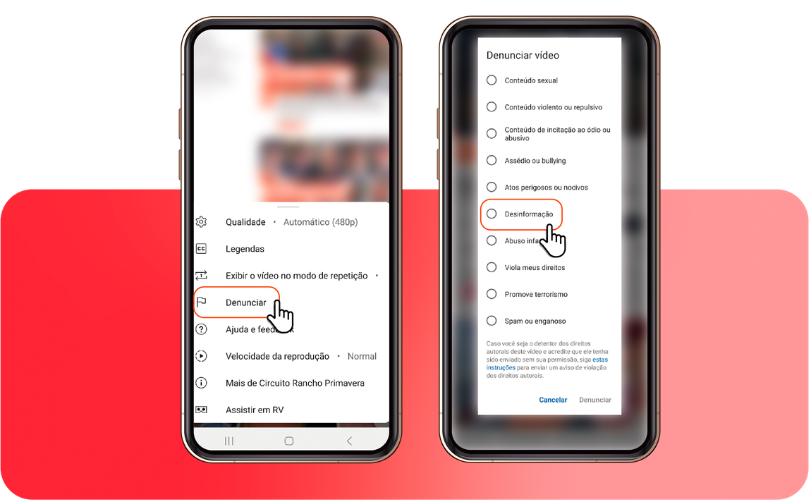 Clique em Denunciar e depois Desinformação