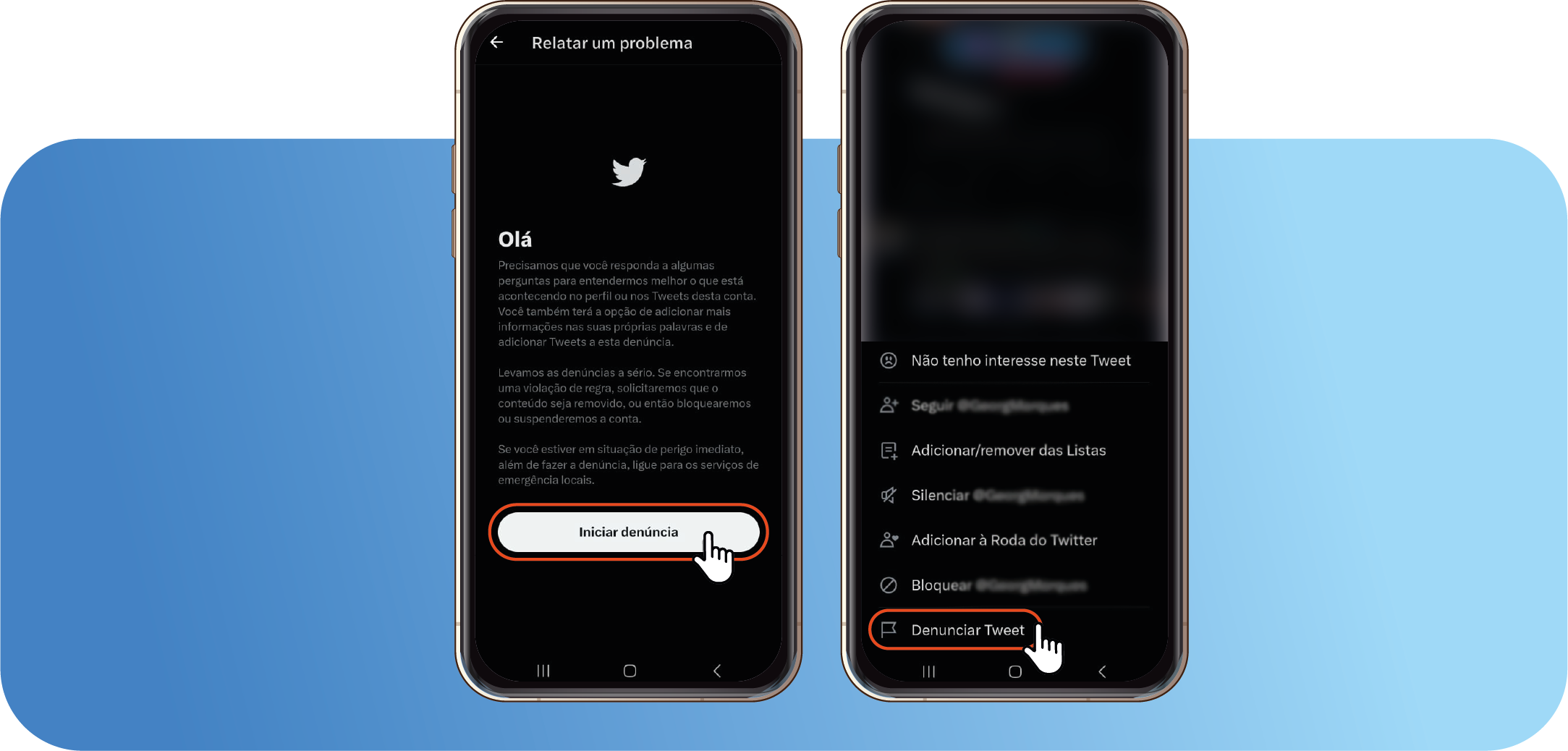 Saúde com Ciência - Clique em Iniciar Denúncia e depois em Denunciar Tweet