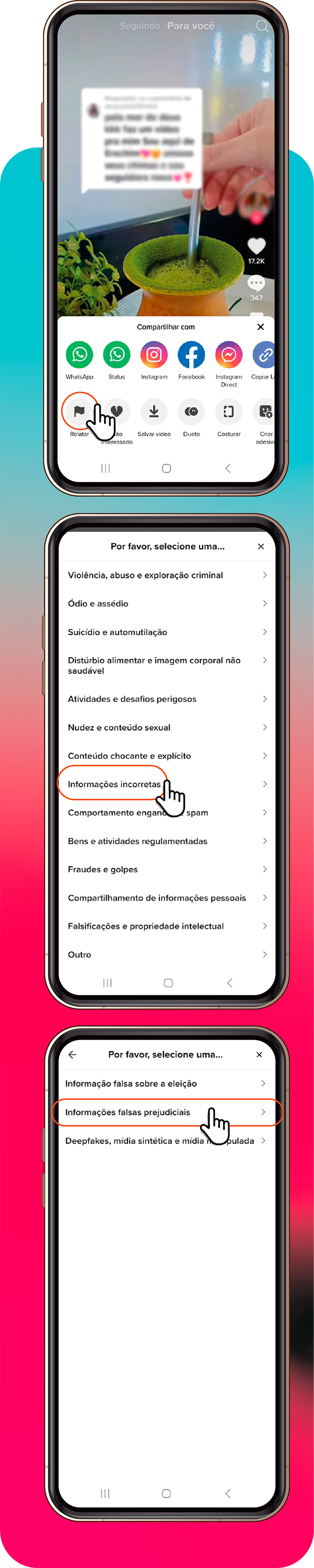 Saúde com Ciência - Clique em relatar, depois Informarções incorretas e depois informações falsas prejudiciais