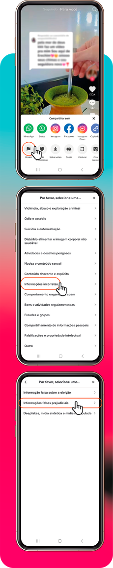 Saúde com Ciência - Clique em relatar, depois Informarções incorretas e depois informações falsas prejudiciais