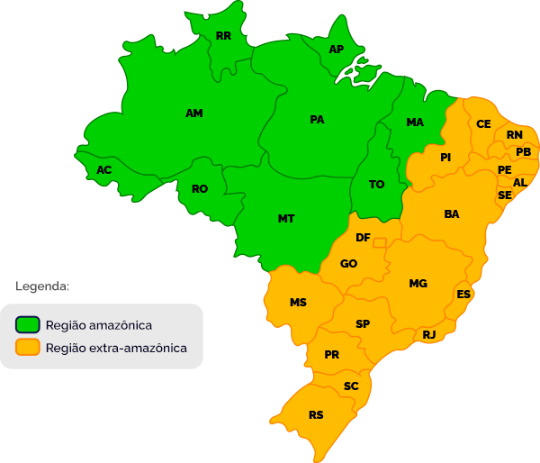 Mapa - Região Amazônica: Acre (AC), Amazonas (AM), Roraima (RR), Rondônia (RO), Mato-Grosso (MT), Pará (PA), Amapá (AP), Tocantis (TO), Maranhão (MA) - Região extra-amazônica: Mato Grosso do Sul (MS), Paraná (PR), Santa Catarina (SC), Rio Grande do Sul (RS), São Paulo (SP), Goiás (GO), Distrito Federal (DF), Bahia (BA), Minas Gerais (MG), Rio de Janeiro (RJ), Espírito Santo (ES), Piauí (PI), Ceará (CE), Rio Grande do Norte (RN), Paraíba (PB), Pernambuco (PE), Alagoas (AL), Sergipe (SE).