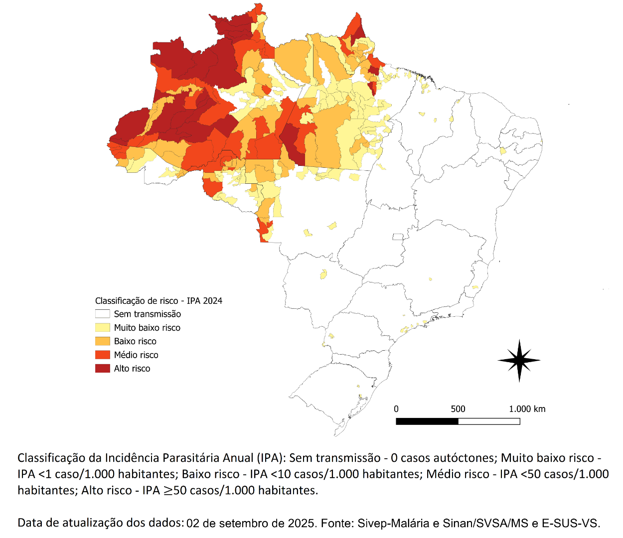 Mapa de risco por município de infecção, Brasil, 2024