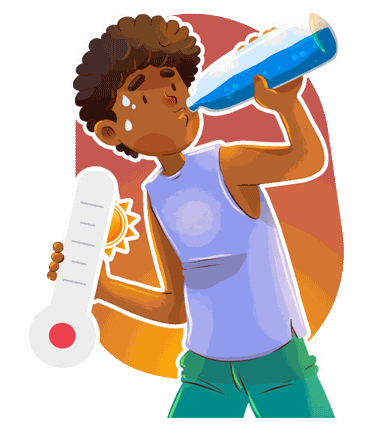 Garoto suando enquanto segura um termômetro indicando alta temperatura, bebendo água de uma garrafa para se refrescar sob um sol quente.