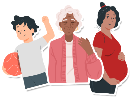 Criança, senhora idosa e mulher gestante