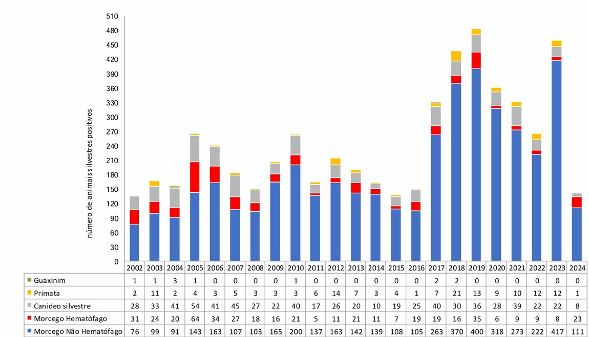 Gráfico com número de casos de raiva em animais silvestres, ​Brasil, 2002 a 2024*