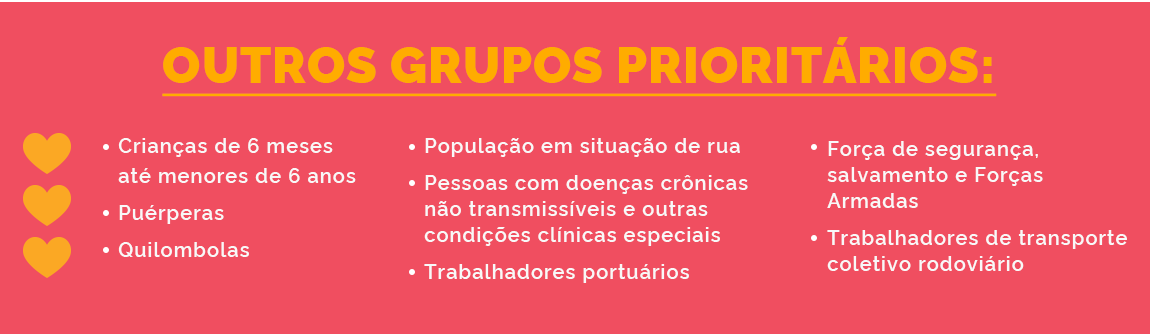 Crianças de 6 meses até menores de 6 anos;  Puérperas; quilombolas; população em situação de rua; pessoas com doenças crônicas não transmissíveis e outras condições clínicas especiais; trabalhadores portuários; força de segurança, salvamento e forças armadas; trabalhadores de transporte coletivo rodoviário