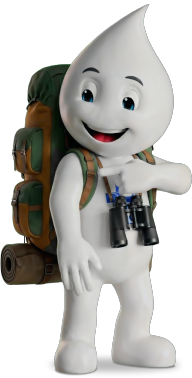 Zé Gotinha com uma mochila para explorar florestas