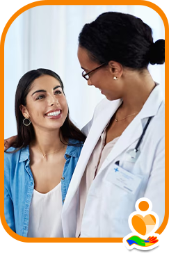 Ilustração de uma jovem com uma profissional de saúde