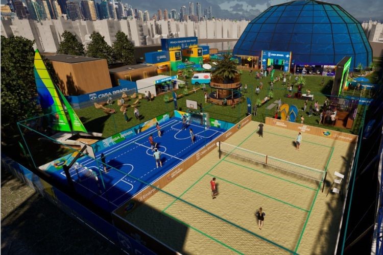 Casa Brasil oferece quadras de futebol, parede de escalada, vôlei de praia, basquete e skate. Estrutura atende aos requisitos de acessibilidade e sustentabilidade, com redução de emissão de CO2 - Divulgação / COB