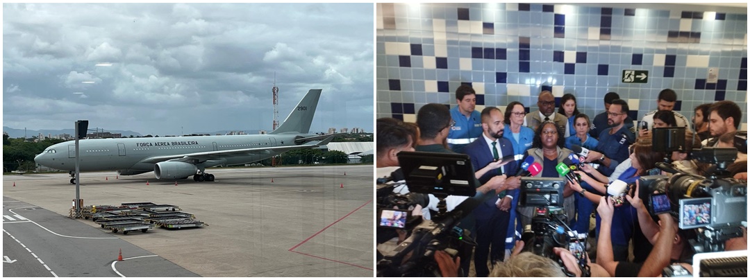 A aeronave KC-30, da FAB trouxe os brasileiros de Fortaleza a Belo Horizonte. Na capital mineira, a ministra Macaé Evaristo detalhou a operação de acolhimento do Governo Federal aos jornalistas. Fotos: Secom / PR