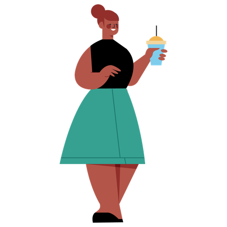 Ilustração de uma mulher parda de cabelos castanhos presos, em pé, segurando um copo com tampa e canudo.