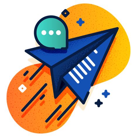 Ilustração de um avião de papel azul sobre um fundo laranja