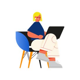 Ilustração de uma mulher de cabelos loiros sentada em uma cadeira azul com um laptop no colo.