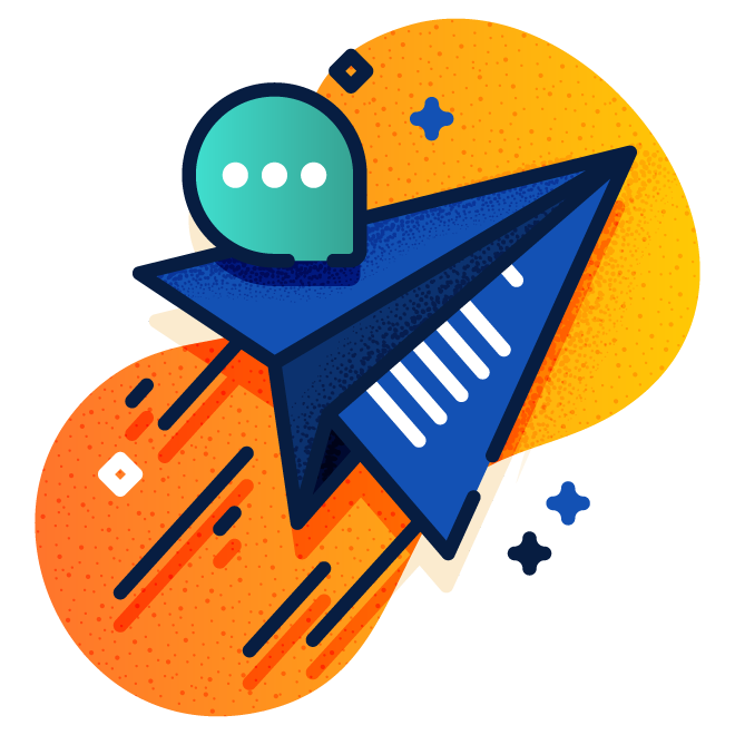 Ilustração de um avião de papel azul sobre um fundo laranja