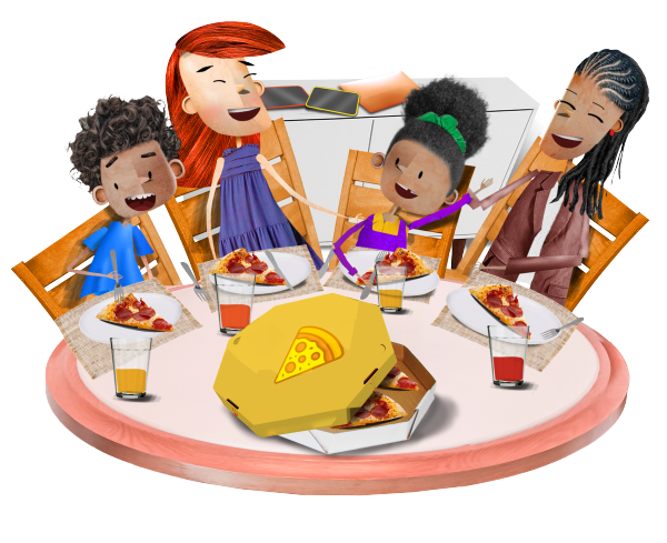 Ilustração que descreve crianças e mães reunidas em volta de uma mesa, interagindo e rindo enquanto compartilham uma refeição. Ao fundo, celulares e um tablet repousam sobre um móvel, reforçando a ideia de equilíbrio entre o uso de dispositivos eletrônicos e momentos de convivência offline