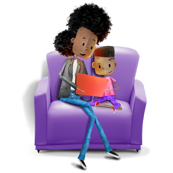 Ilustração criada para destacar a importância da mediação familiar no uso de dispositivos digitais, promovendo momentos compartilhados e aprendizado em conjunto, retratando uma mulher adulta e uma criança negras, sentadas juntas em um sofá roxo, olhando para um tablet com expressão interessada