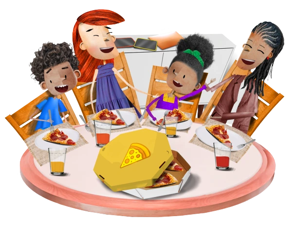 Ilustração que descreve crianças e mães reunidas em volta de uma mesa, interagindo e rindo enquanto compartilham uma refeição. Ao fundo, celulares e um tablet repousam sobre um móvel, reforçando a ideia de equilíbrio entre o uso de dispositivos eletrônicos e momentos de convivência offline