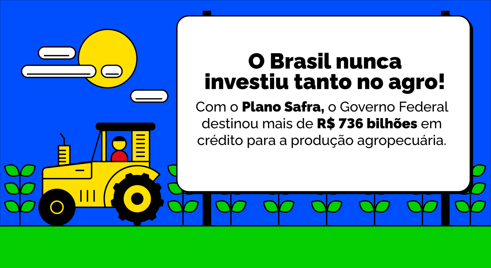 O Brasil nunca investiu tanto no agro! Com o Plano Safra, o Governo Feredal destinou mais de R$ 736 bilhões em crédito para a produção agropecuária
