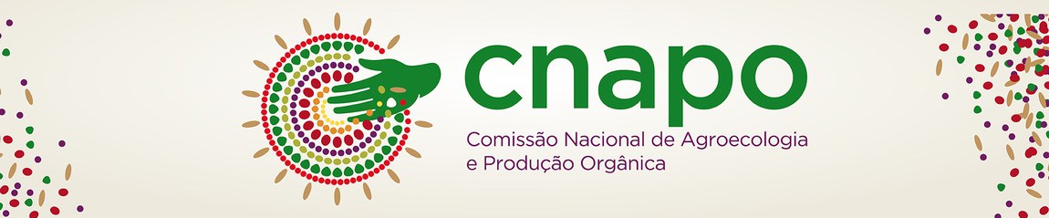 Mão sobre um bordado colorido e ao lado a sigla cnapo e nome comissão nacional de agroecologia e produção orgânica