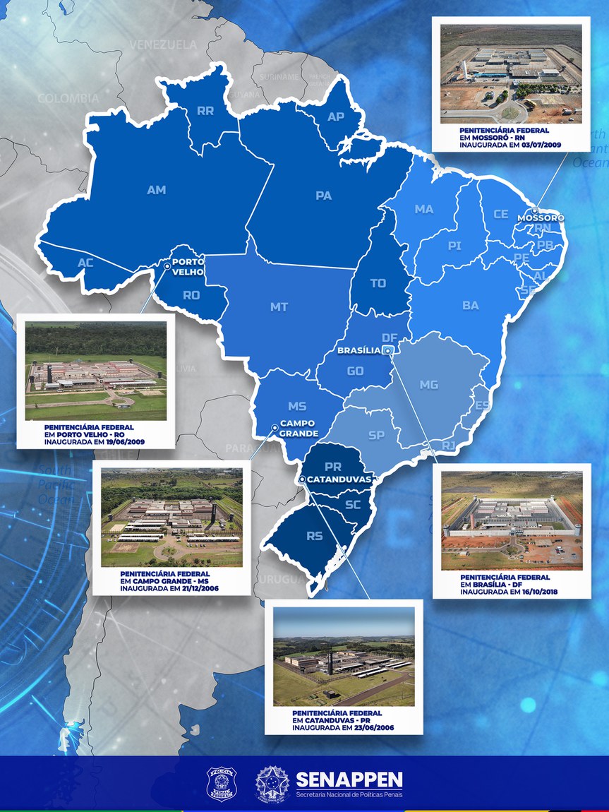 mapa do Brasil com as penitenciárias federais