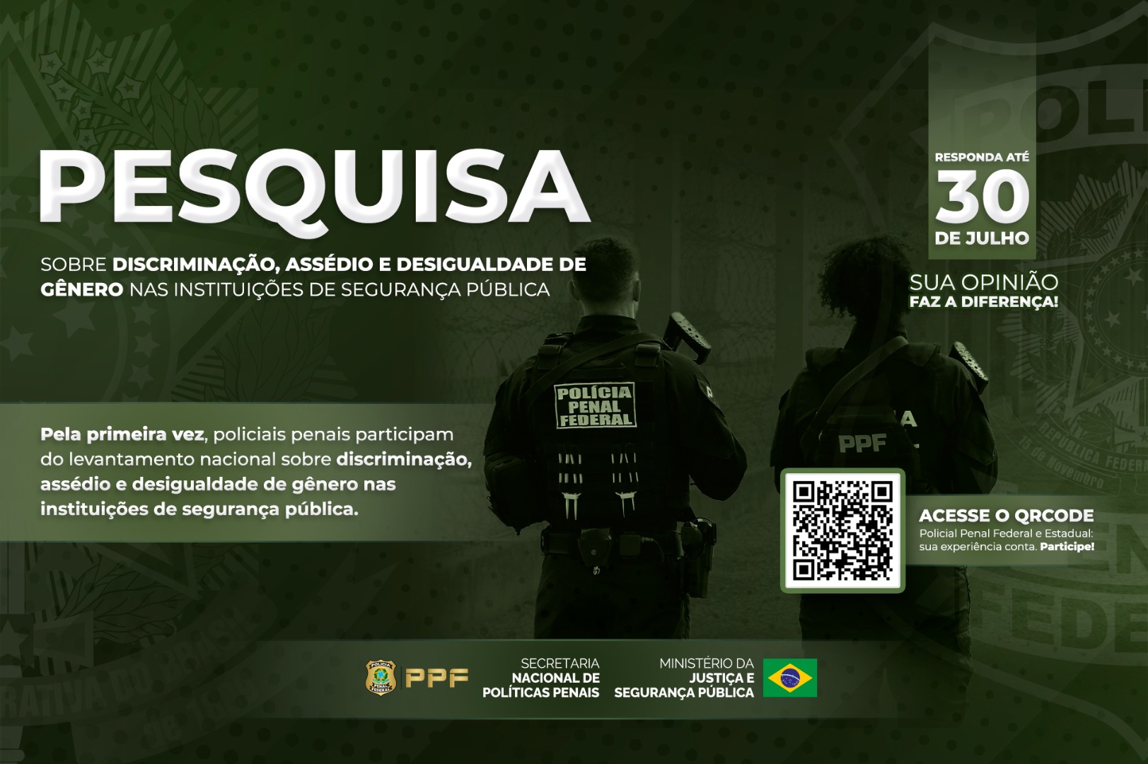 Pesquisa sobre gênero nas instituições de segurança pública está disponível para policiais penais até 30 de julho