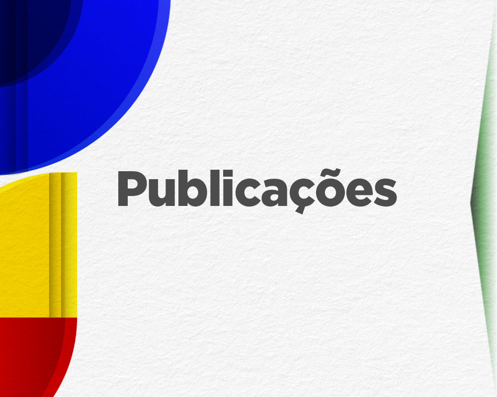 Card fundo cinza, figura geométrica 3/4 de lua azul, com o texto Publicações