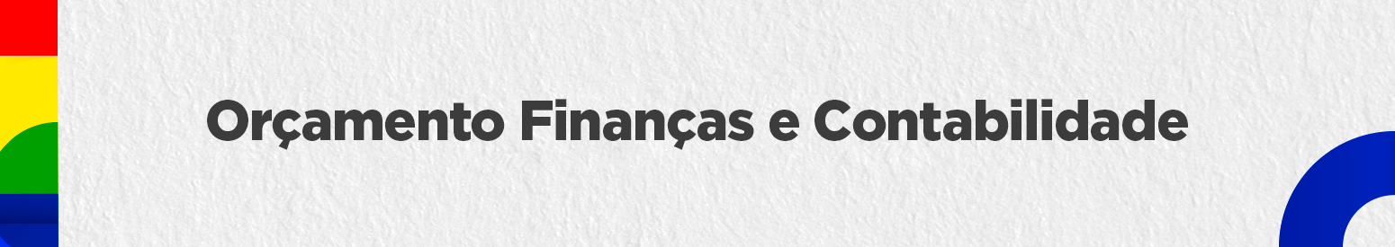 Banner com fundo cinza-claro texturizado e o título 'Orçamento Finanças e Contabilidade' centralizado em letras grandes e escuras. À esquerda, há faixas verticais coloridas nas cores vermelho, amarelo, verde e azul. No canto inferior direito, aparece um elemento gráfico curvo azul parcialmente visível.