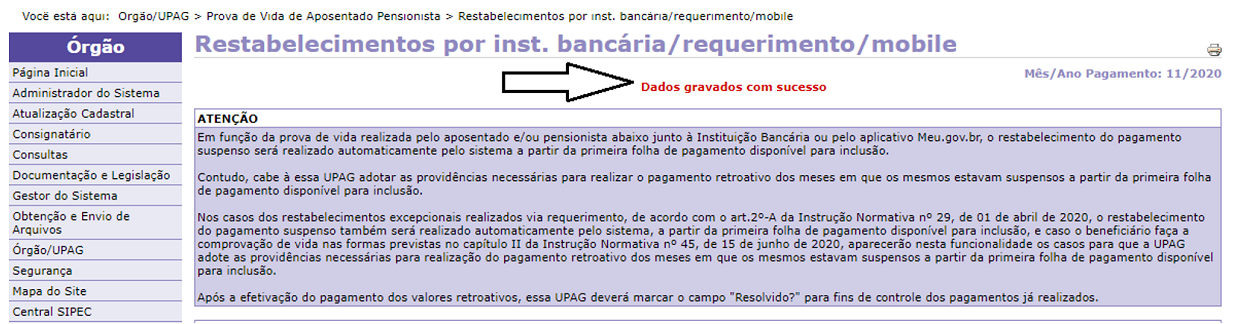 Dados Gravados Restabelecimento Instituição Bancária, Requerimento e mobile