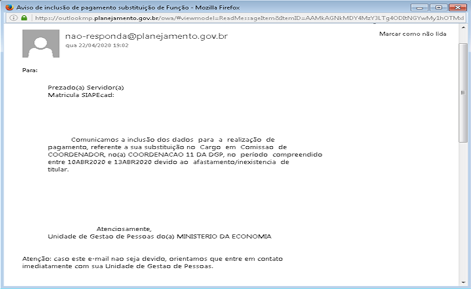 E-mail de aviso a realização do pagamento