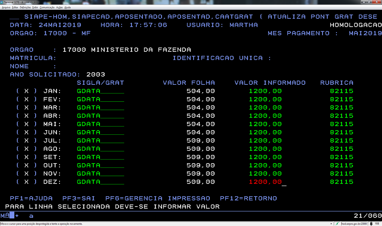 Inclusão dos valores na CAATGRAT