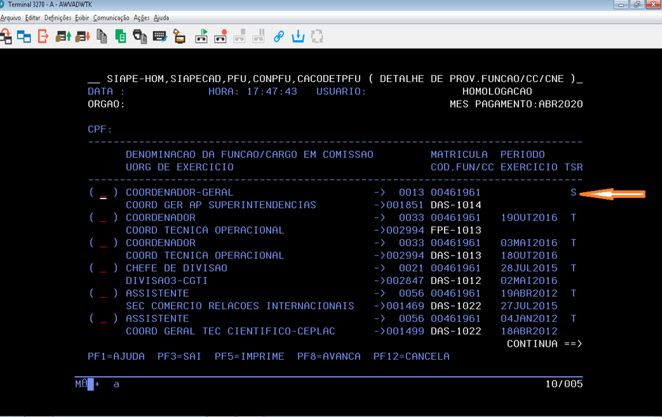 Transação CACODETPFU para consultar o cadastro do substituo