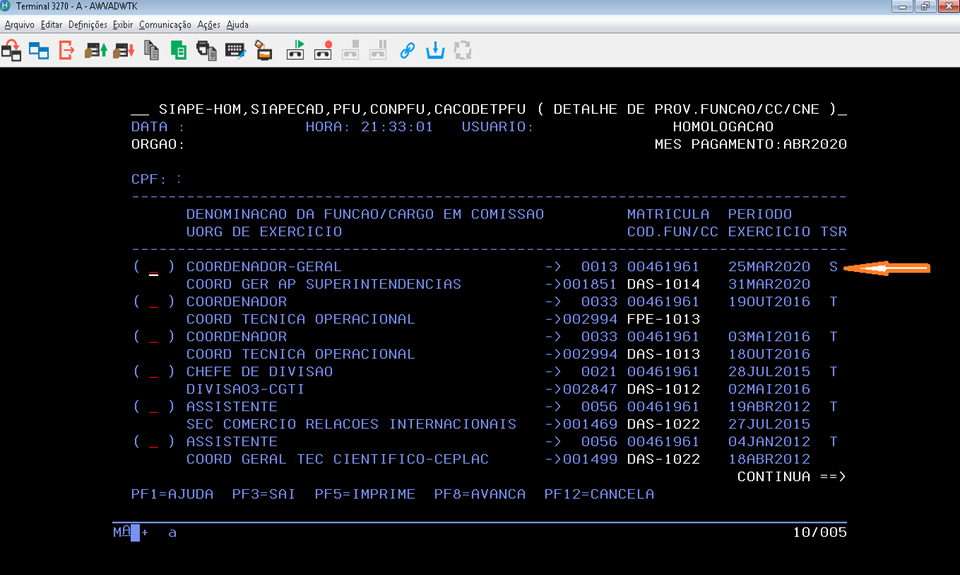 Transação CACODETPFU para consultar o substituo incluído