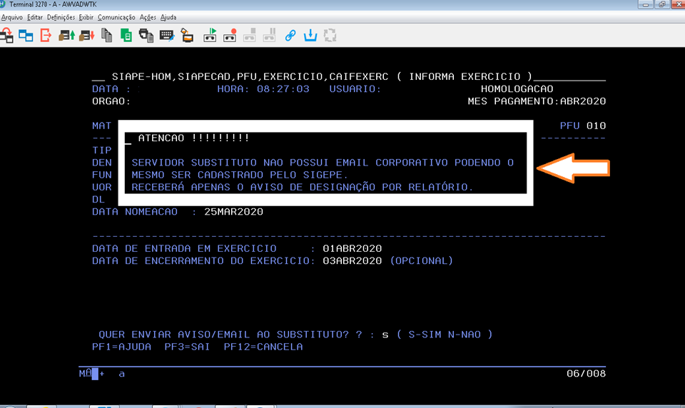 Transação CAIFEXERC com o aviso de que não tem e-mail institucional