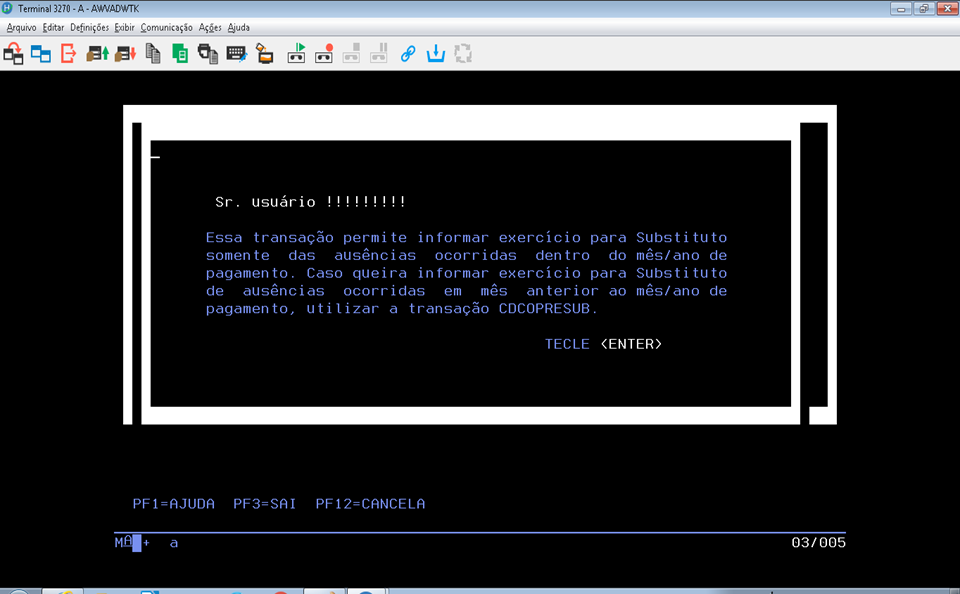 Transação CAIFEXERC com o aviso sobre o seu objetivo