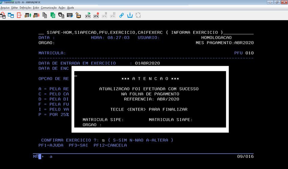 Transação CAIFEXERC confirmação de integração com o SIAPE