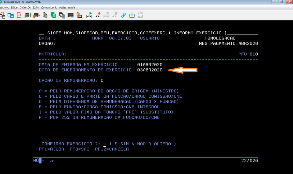 Transação CAIFEXERC para selecionar a opção de remuneração