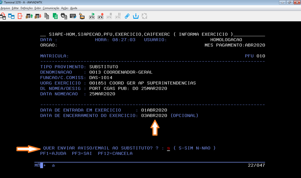 Transação CAIFEXERC para escolher o envio de e-mail ao substituto