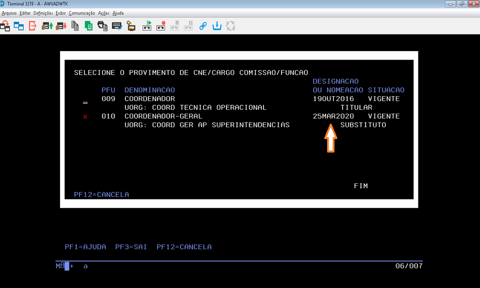 Transação CAIFEXERC para escolher o período da substituição