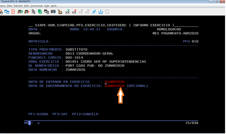 Transação CAIFEXERC para incluir o período de exercício