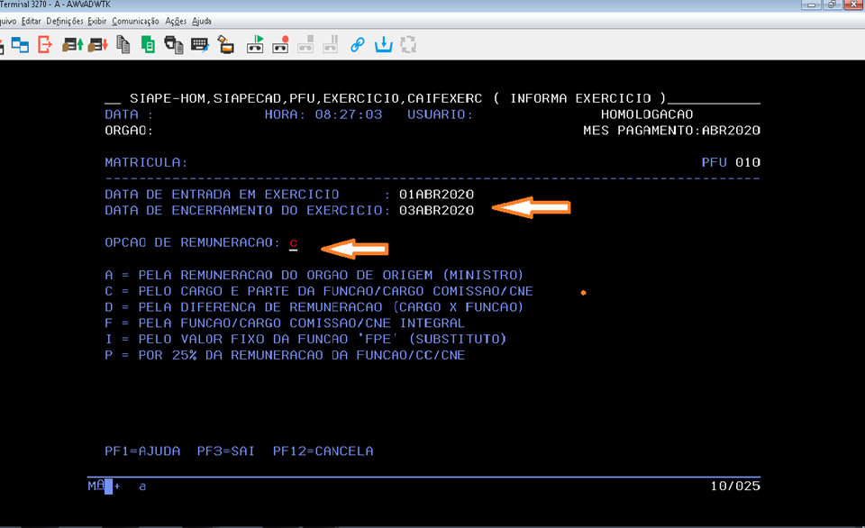 Transação CAIFEXERC para selecionar a opção de remuneração