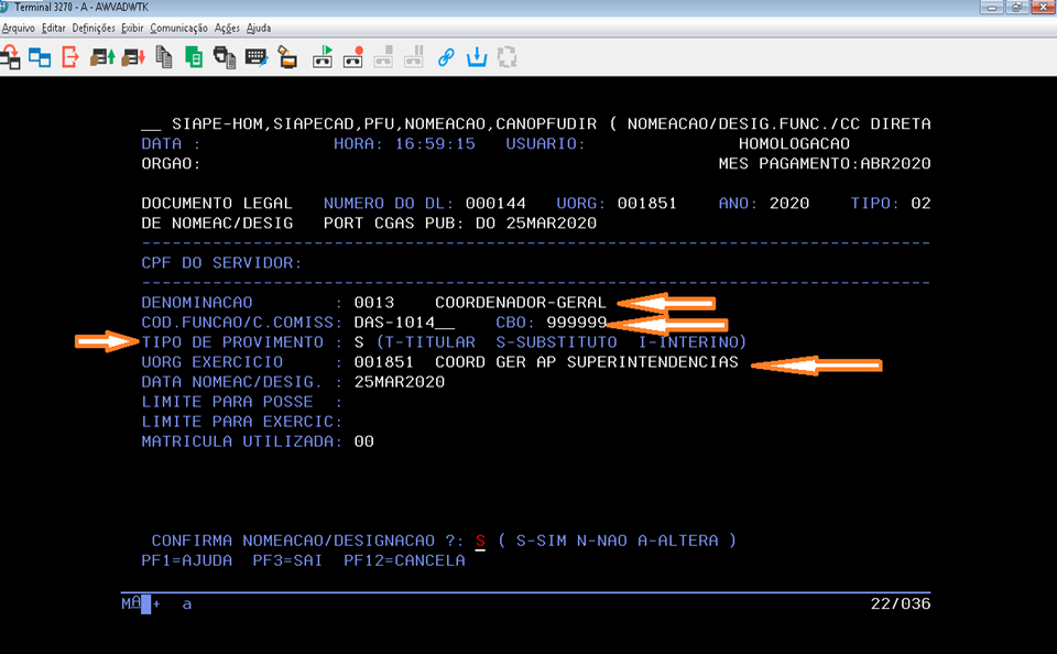 Transação CANOPFUDIR com o substituto cadastrado